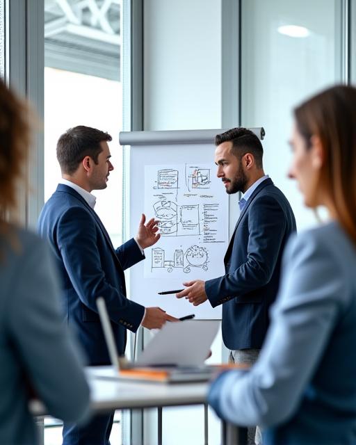 A diverse team of professionals collaborating around a whiteboard with complex diagrams.